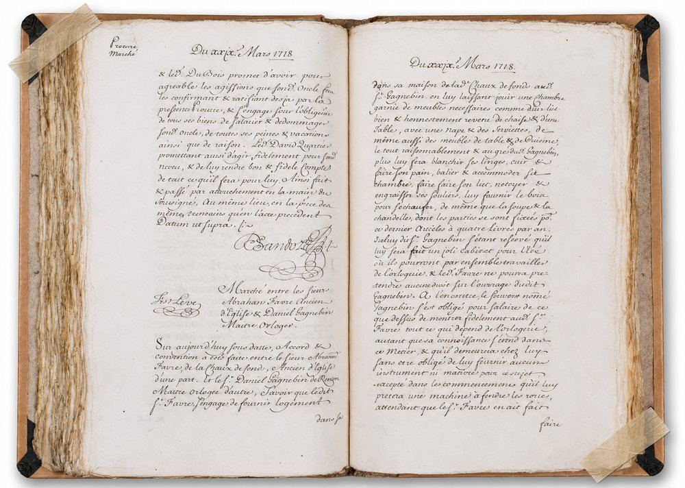 Registre du 29 mars 1718 — marché entre Abraham Favre et Daniel Gagnebin, maître horloger