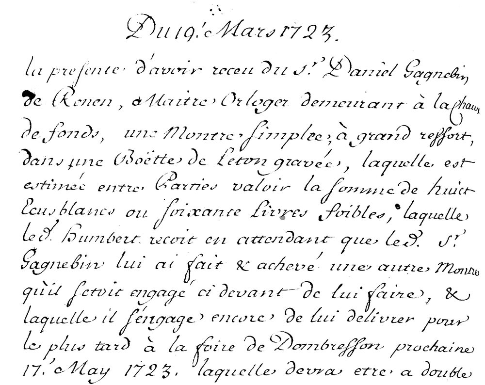 Quittance du 19 mars 1723 attestant une montre à grand ressort de Daniel Gagnebin