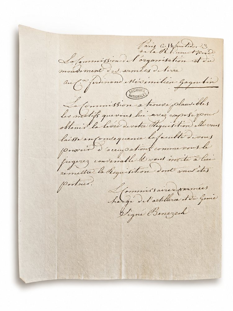 Lettre de la Commission des armées au citoyen Ferdinand Maximilien Gagnebin, Paris, an III — Archives nationales